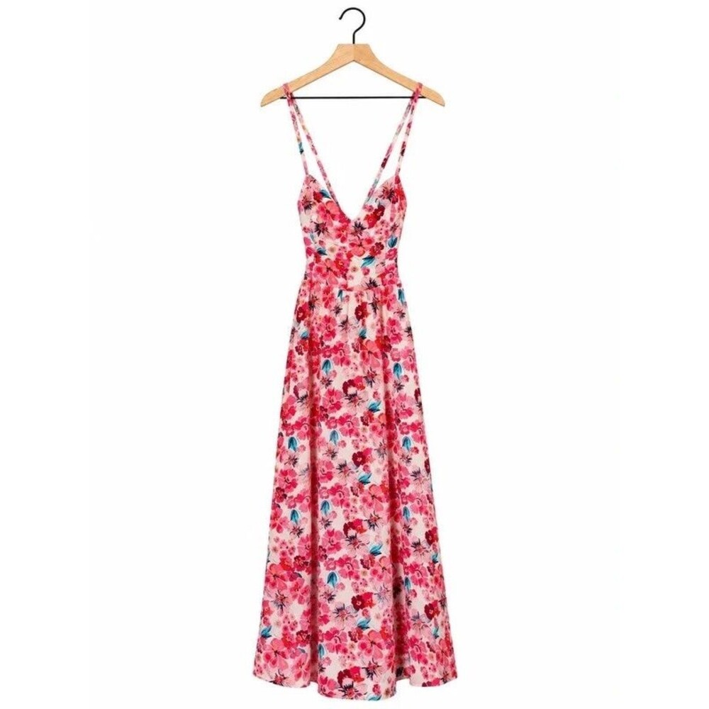Hello Molly Pink Red Floral Strappy Maxi Dress Deep V Summer Sundress